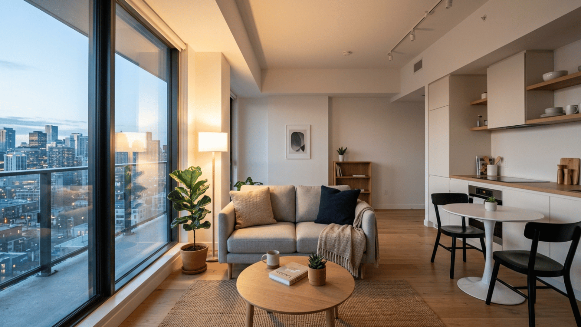compact mini penthouse with cozy layout, simple furniture, large window, and clean modern design