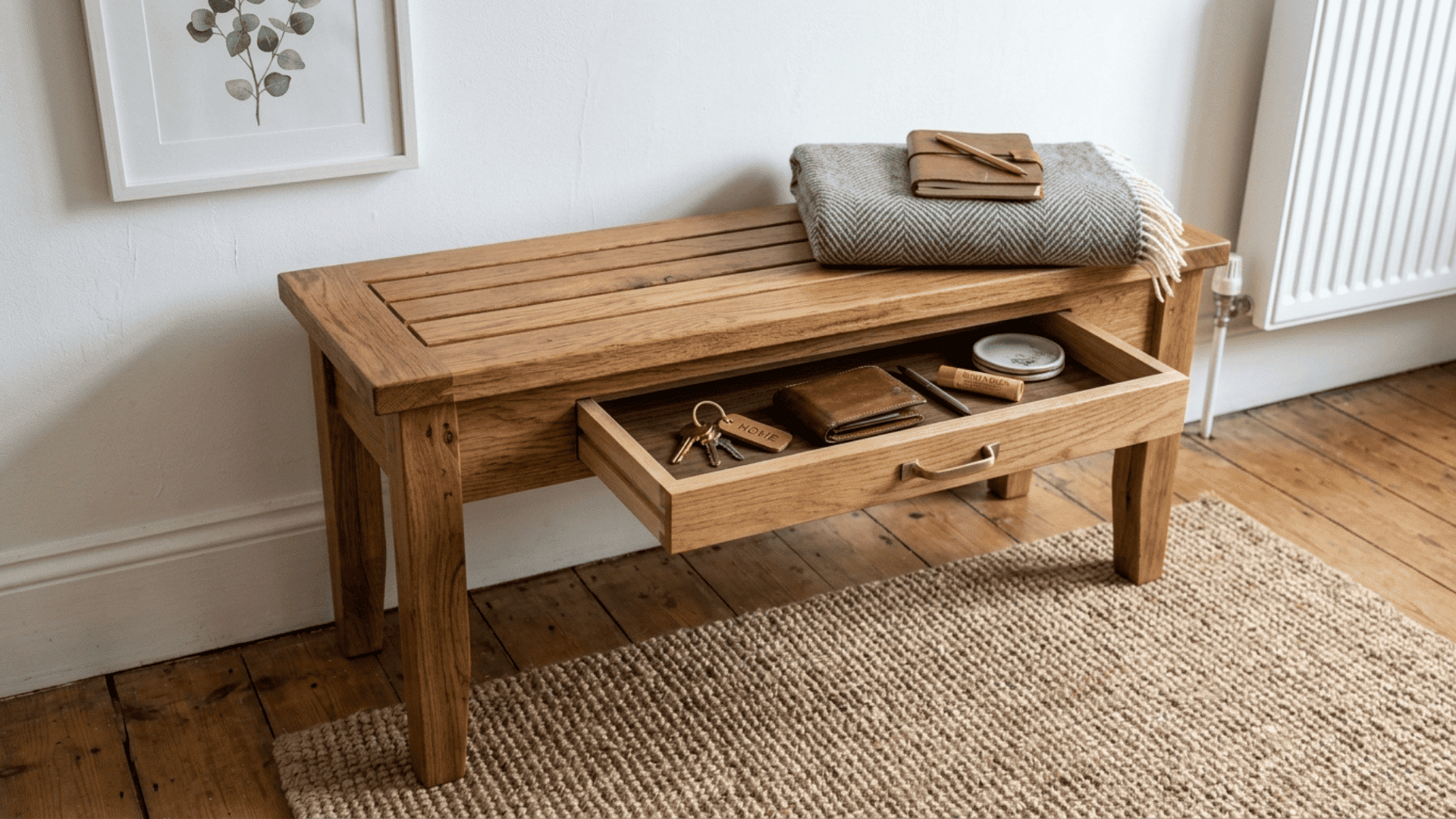 compact wooden bench with shallow hidden key drawer in front apron pulled open showing keys wallet and small daily items