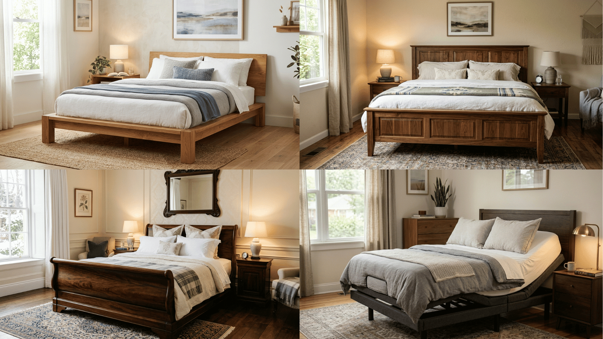 comparison of platform, panel, sleigh, and adjustable beds in different bedroom styles.