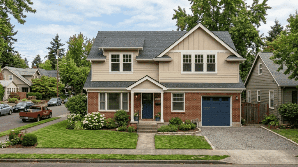 completed second story addition with garage, front porch, and clean suburban layout.