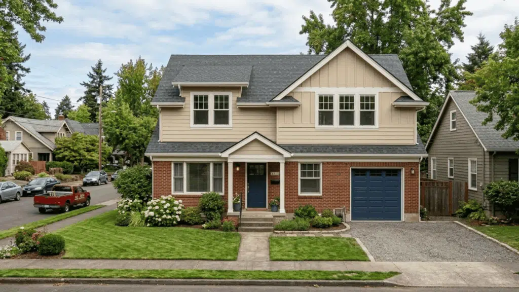 completed second story addition with garage, front porch, and clean suburban layout.