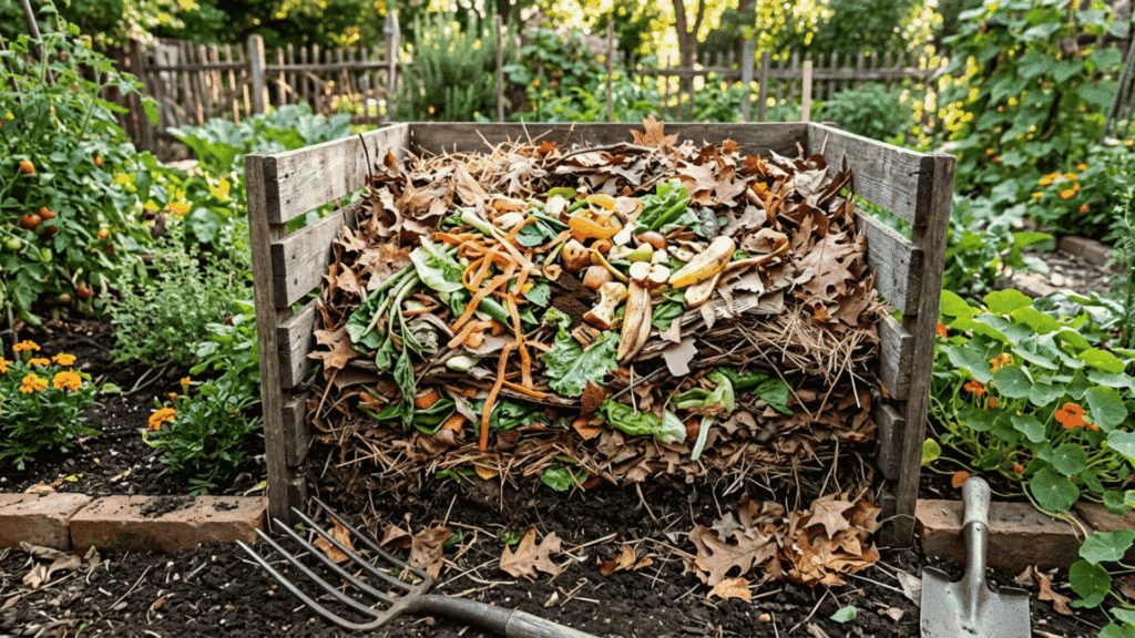compost bin filled with layered green food scraps and brown leaves, showing balanced organic materials in a garden setting