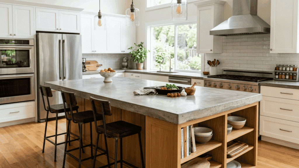 concrete top kitchen island with wooden base, open shelves, and bar seating in modern.