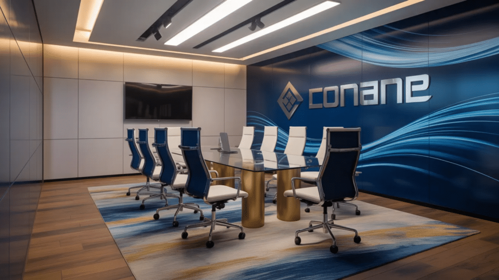 conference room with multiple chairs and large screen display in modern office setting