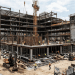 construction site using design-build method with plans, tools, and building structure in progress.