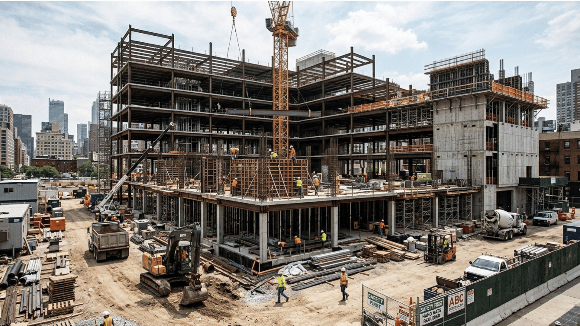 construction site using design-build method with plans, tools, and building structure in progress.