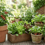 container garden with tomatoes, lettuce, radishes, and herbs growing in pots on a patio.