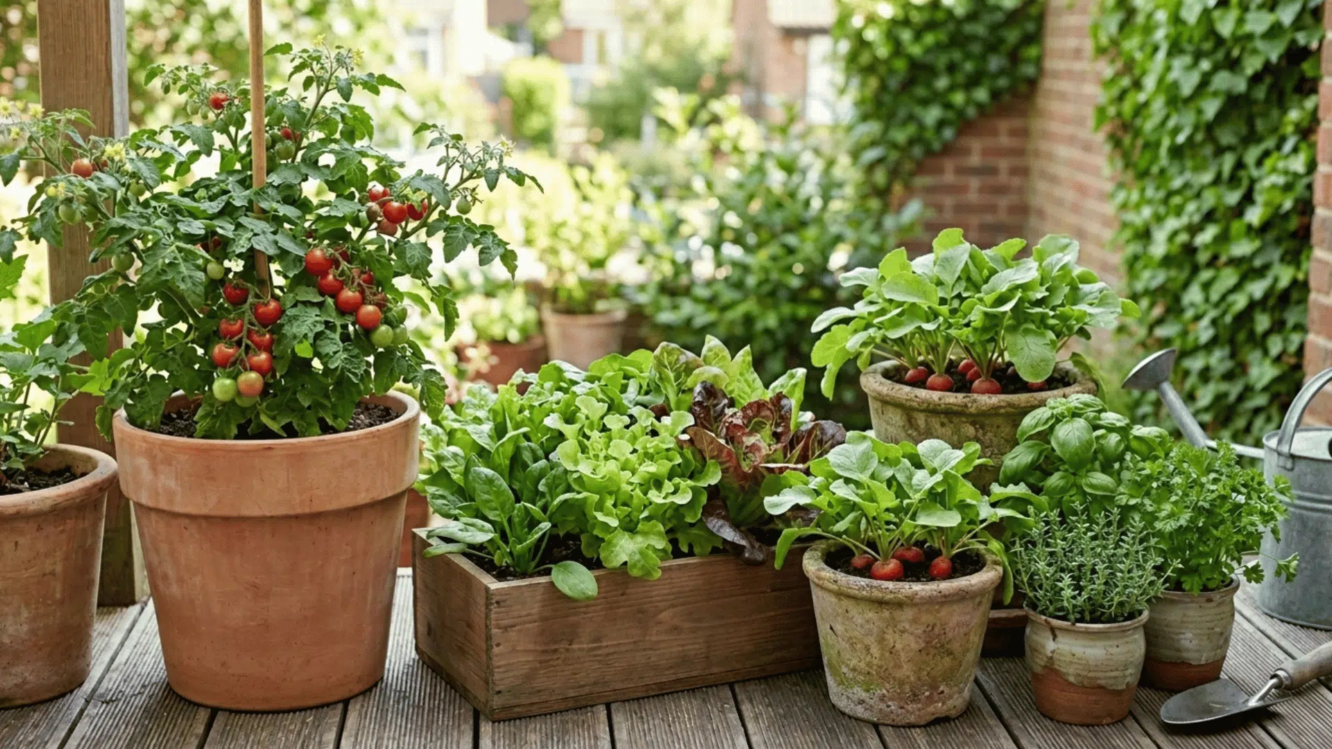 container garden with tomatoes, lettuce, radishes, and herbs growing in pots on a patio.