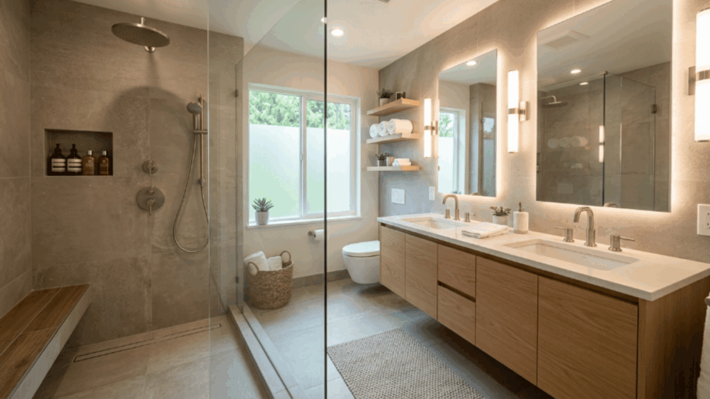 contemporary bathroom with walk-in glass shower, double vanity, modern fixtures, and clean neutral design