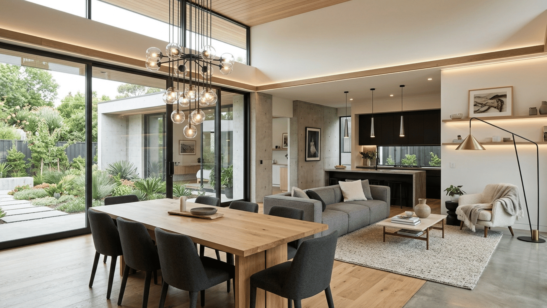 contemporary dining and living area with large windows and statement lighting..