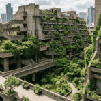 contemporary eco brutalism building with greenery and curved concrete layers.