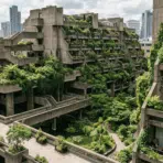 contemporary eco brutalism building with greenery and curved concrete layers.