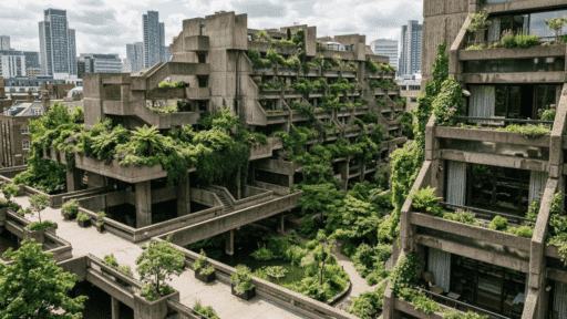 contemporary eco brutalism building with greenery and curved concrete layers.