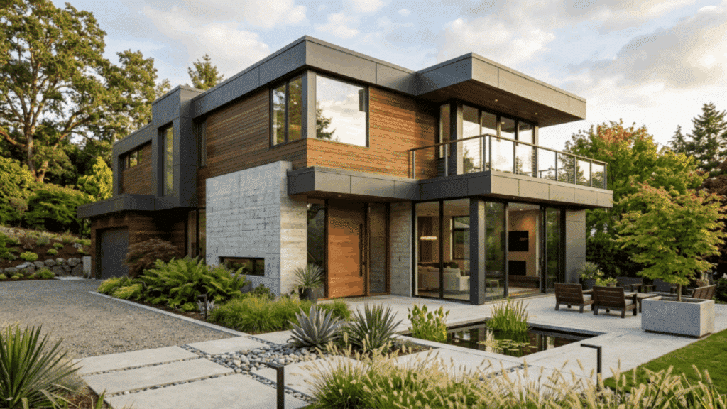 contemporary exterior combining wood, metal, and concrete materials to create depth, texture, and visual interest