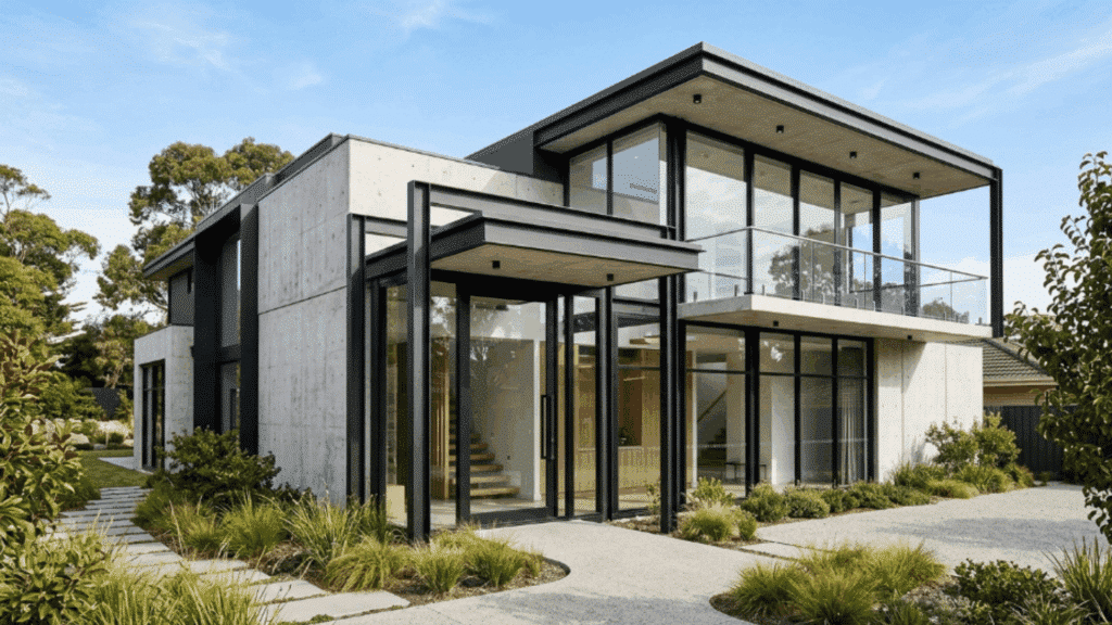 contemporary exterior featuring steel frame accents around windows and doors for a bold modern architectural look