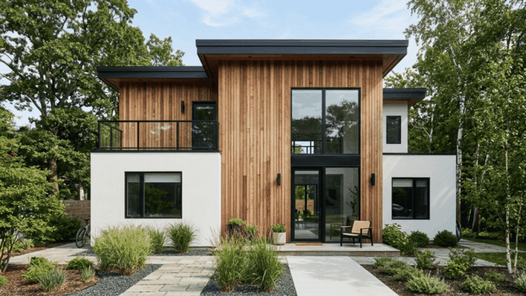 contemporary exterior with vertical wood panels that add texture, warmth, and visual height to the modern facade