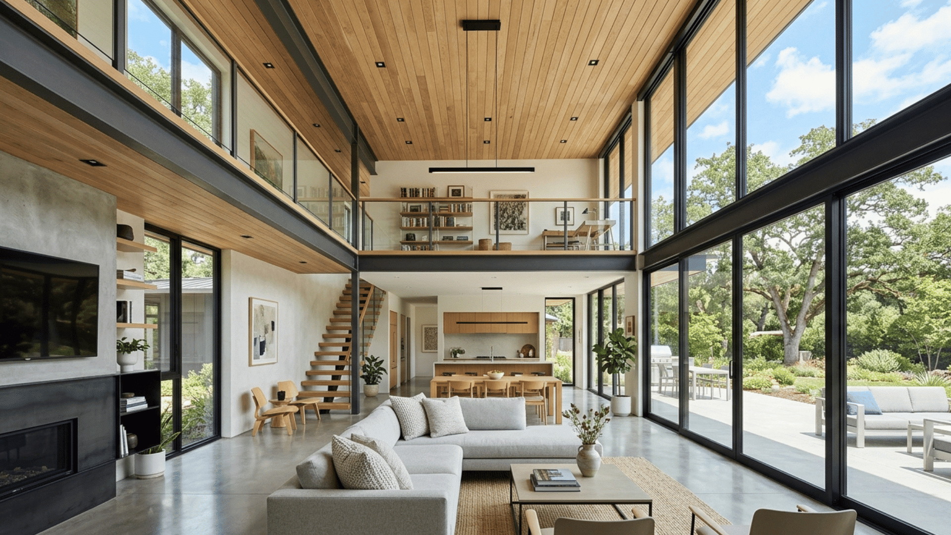 contemporary home interior with high ceilings and large glass windows.