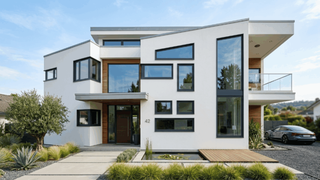 contemporary home with asymmetrical window placement creating a unique modern architectural design