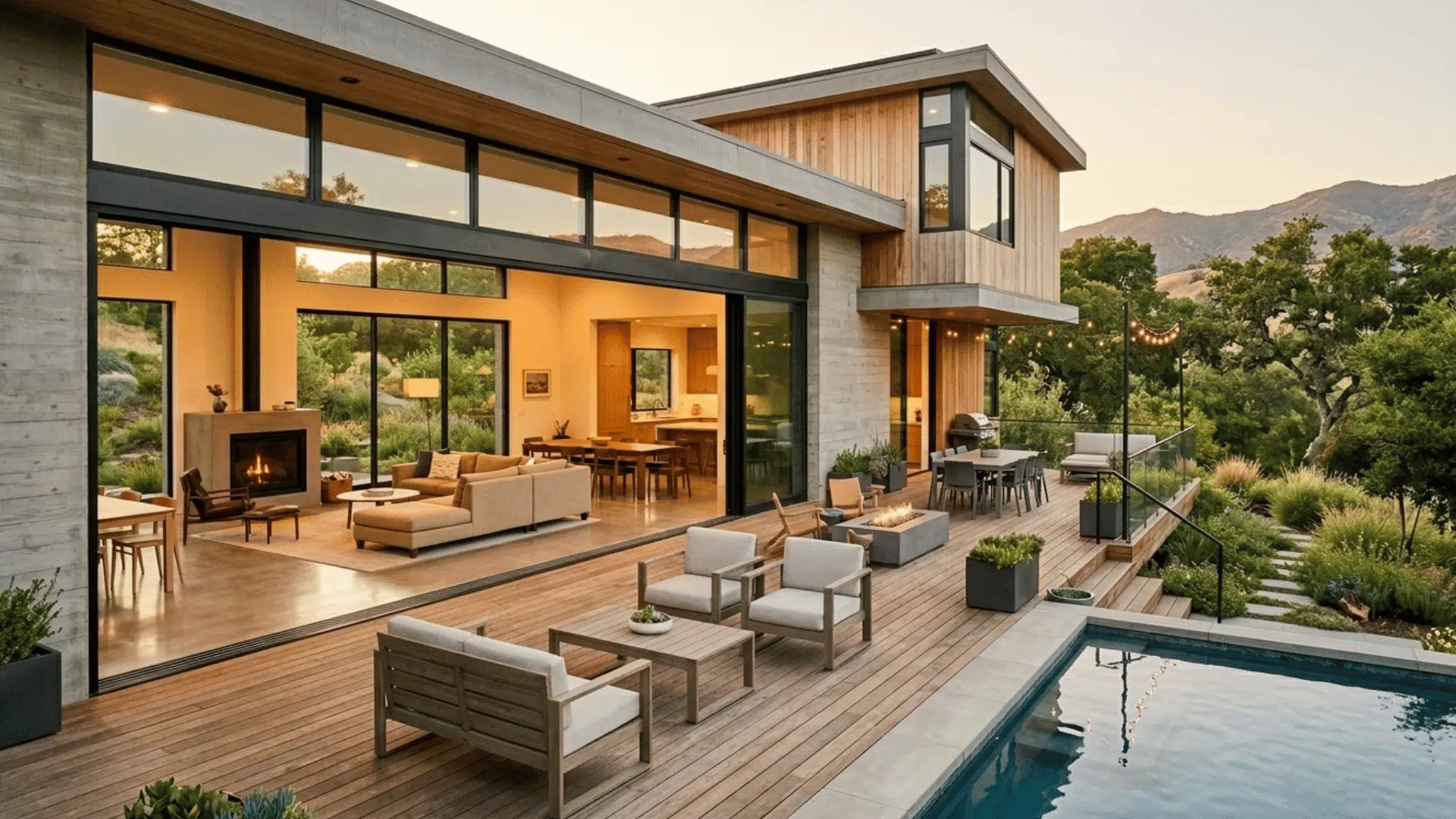 contemporary home with indoor-outdoor living and open deck near pool.