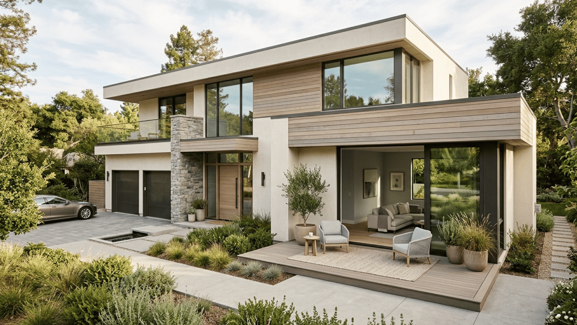 contemporary home with neutral tones, large windows, and clean facade.