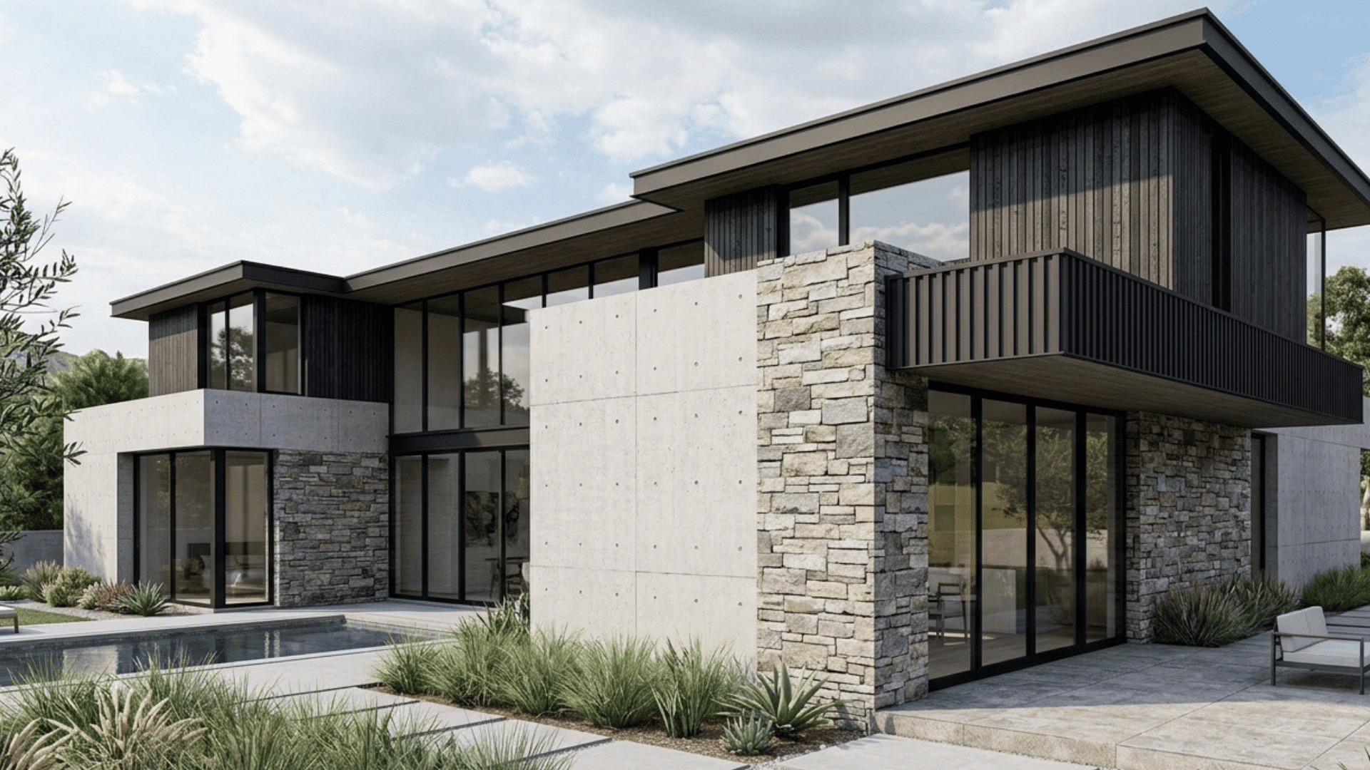 contemporary home with textured concrete and stone exterior near pool.