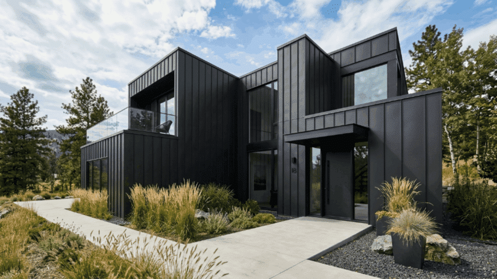 contemporary house exterior with dark metal cladding panels and sharp architectural lines creating a sleek and dramatic modern style
