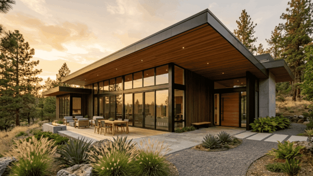 contemporary house exterior with extended roof overhangs that create shade and emphasize modern horizontal lines