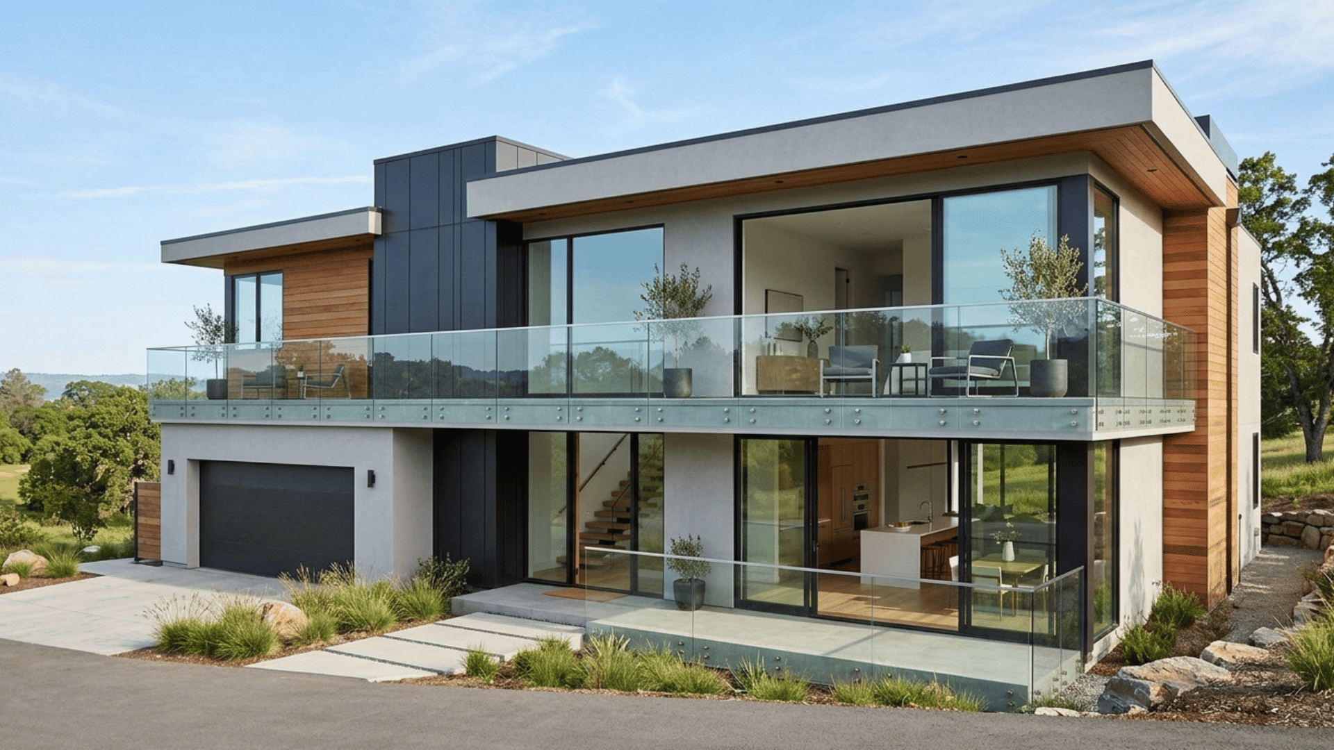 contemporary house with glass balcony, large windows, and open outdoor view.