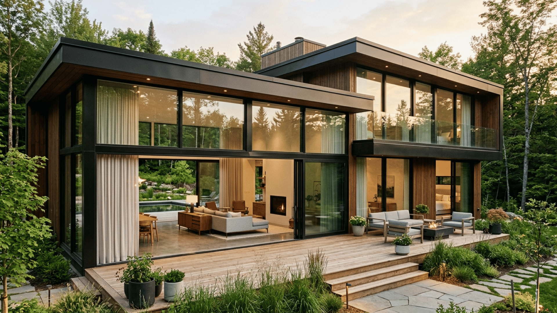contemporary house with glass walls, wood siding, and outdoor deck seating.