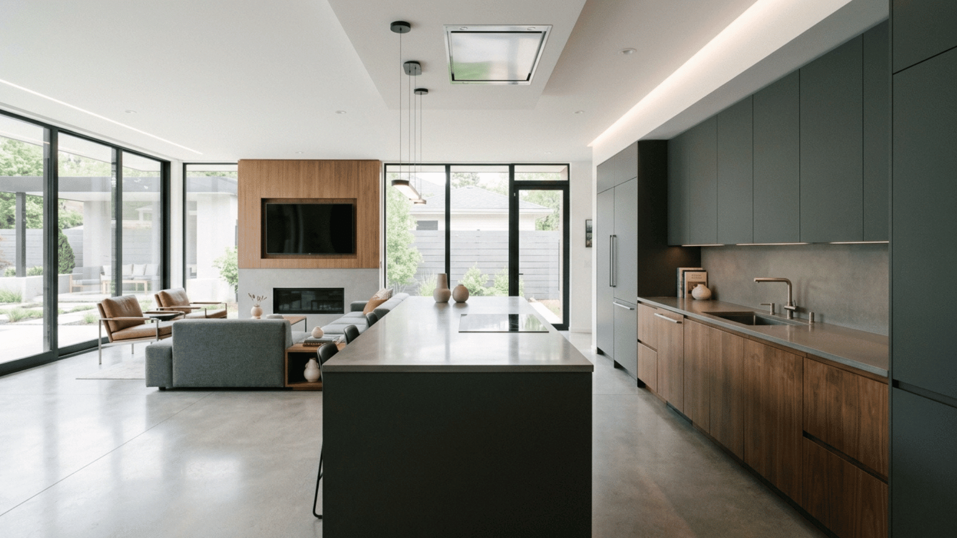 contemporary house with hidden appliances and open-plan living space.