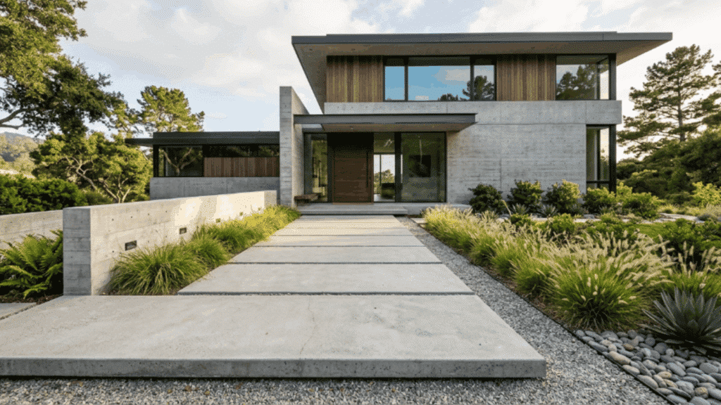 contemporary house with large concrete slab entry path leading to the front door in a clean and structured design
