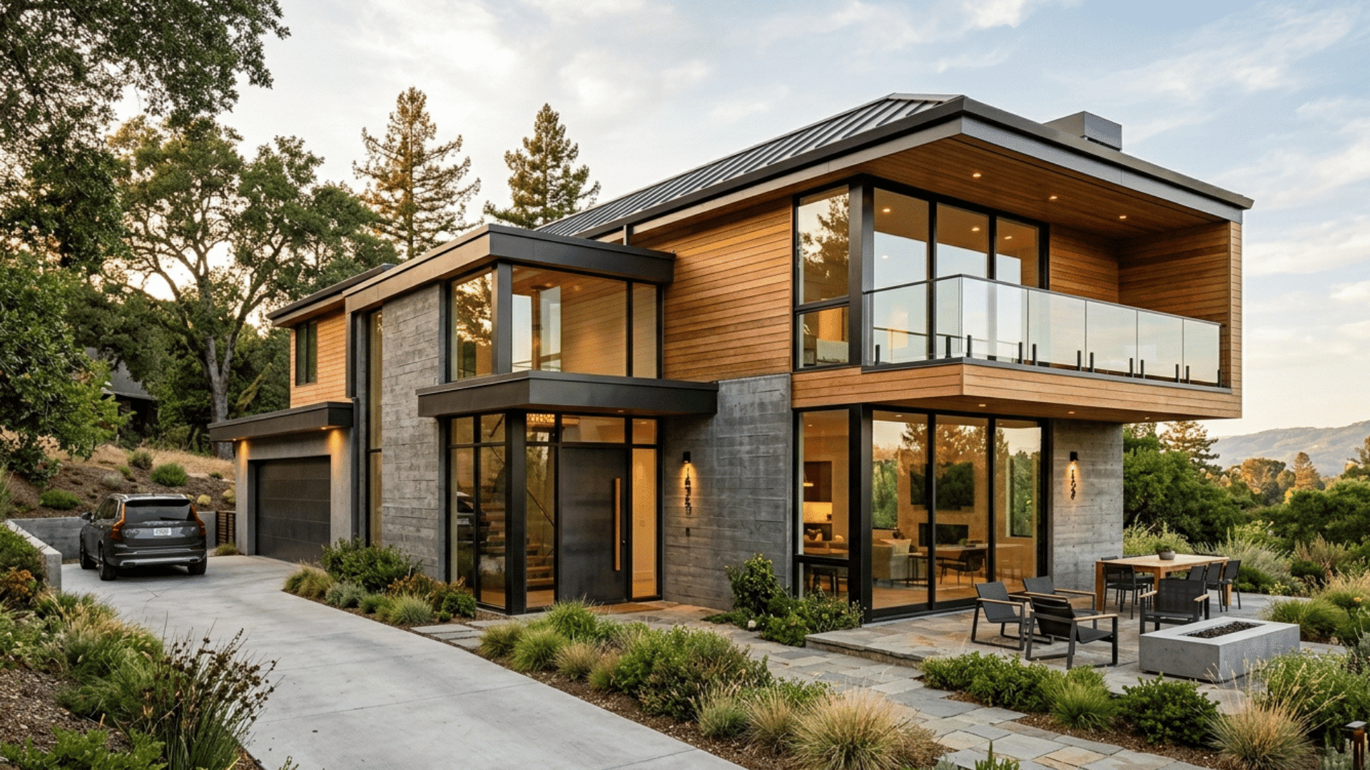 contemporary house with mixed materials, glass balcony, and landscaped yard.