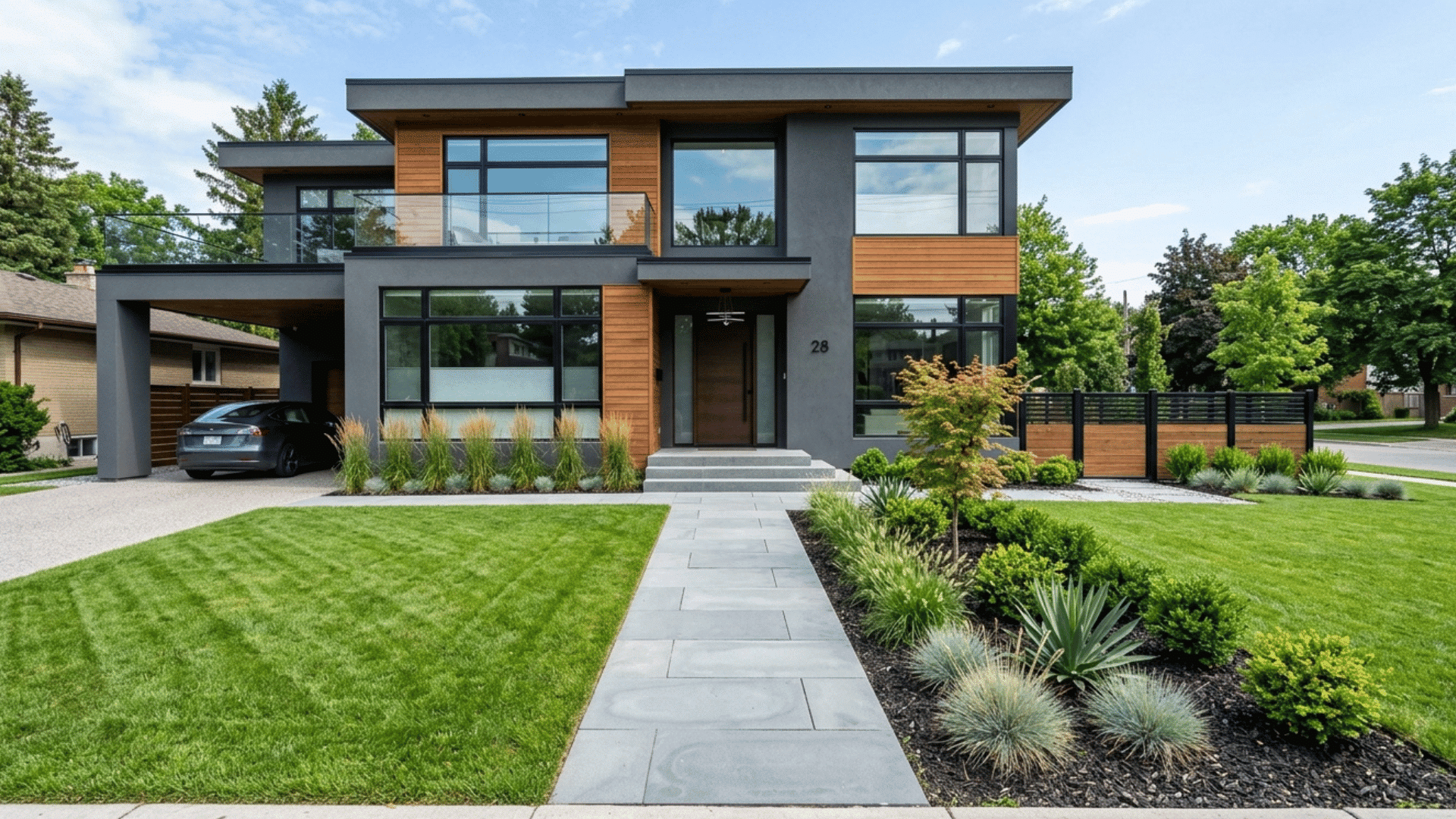 contemporary house with simple design, wood panels, and clean landscaping.