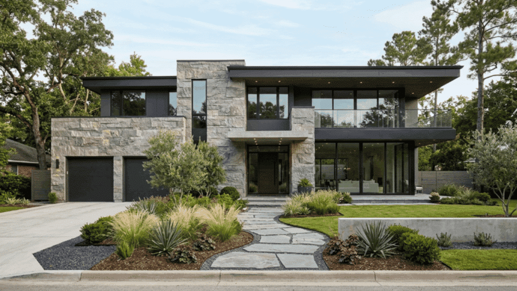 contemporary house with stone accent panels that add natural texture and contrast against smooth modern exterior materials