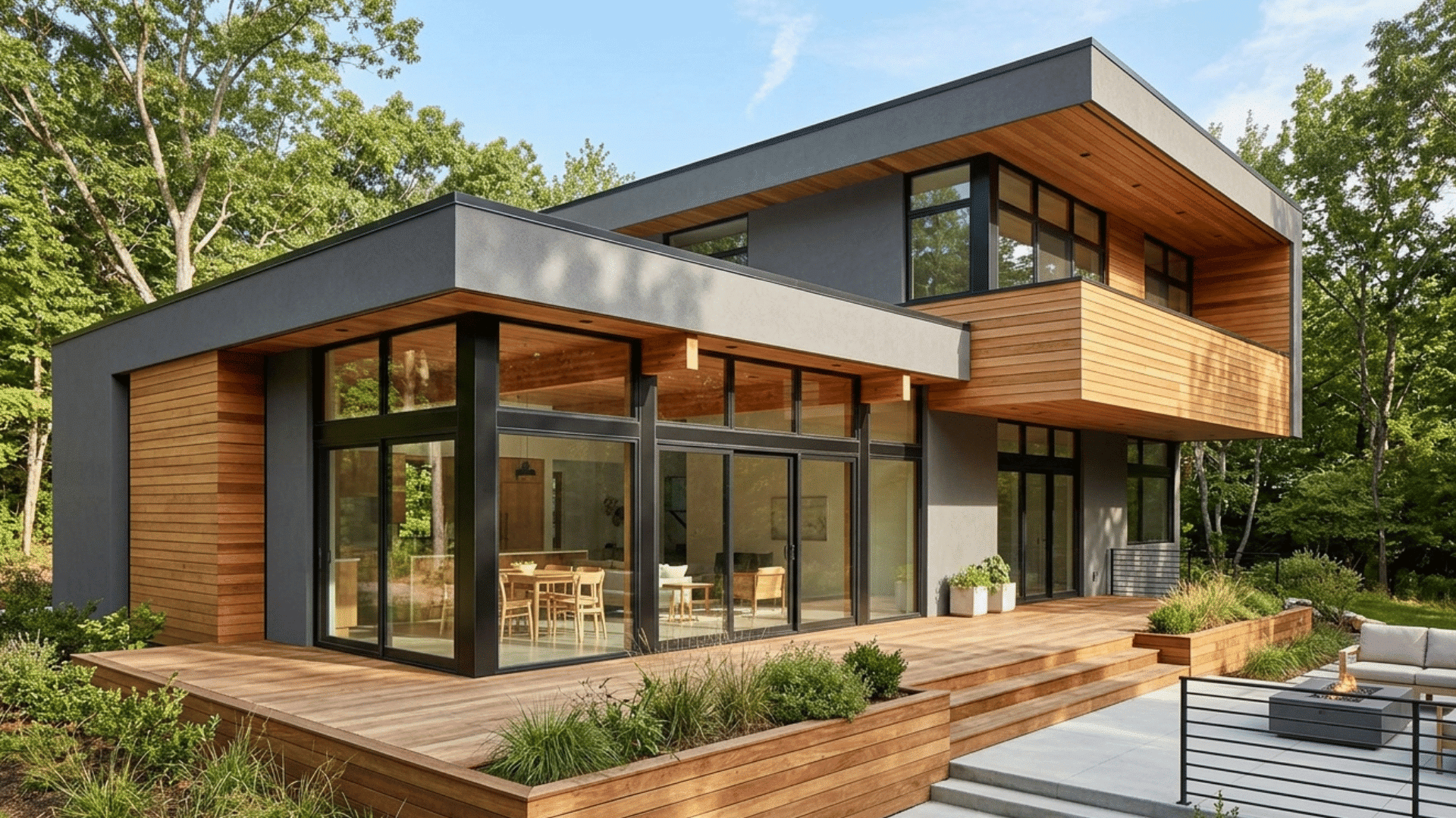 contemporary house with wood siding, glass walls, and spacious deck. (1)