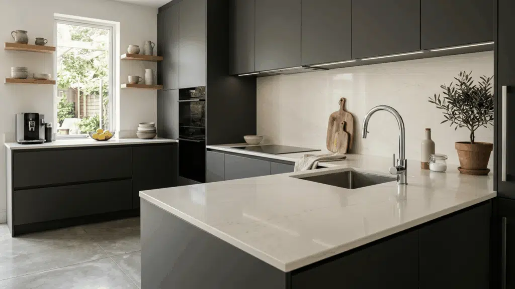 contemporary kitchen with porcelain countertop, sleek thin surface, clean design, and high-end modern finish