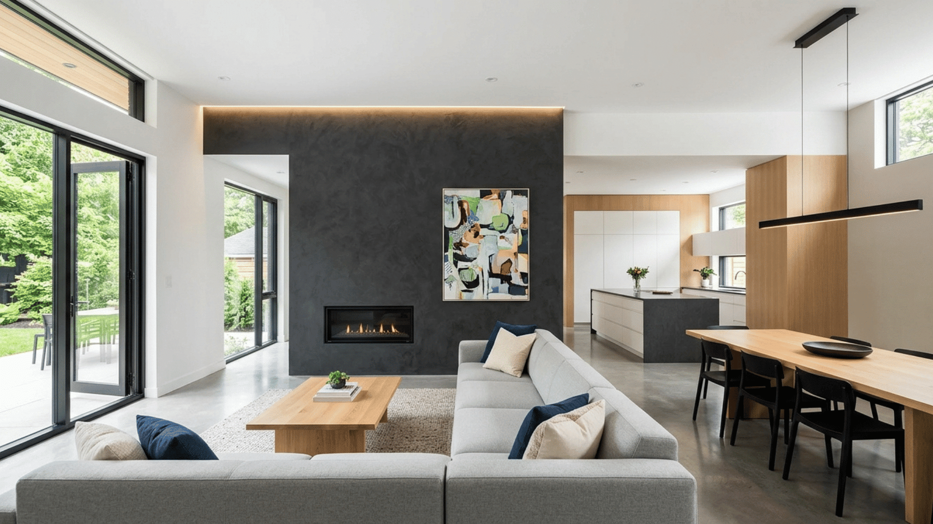 contemporary living room with accent wall, fireplace, and open layout.