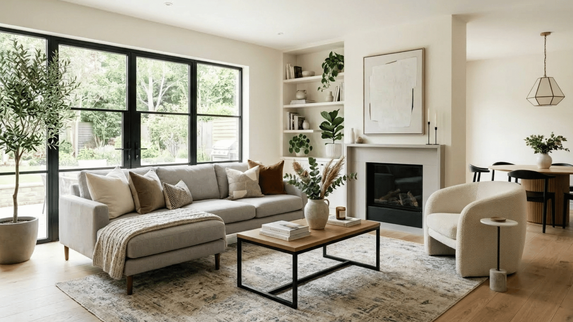 contemporary living room with soft tones, cozy seating, and natural light.