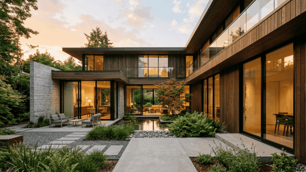 contemporary modern house exterior with central courtyard, glass doors, wood and concrete facade, and minimalist landscaping
