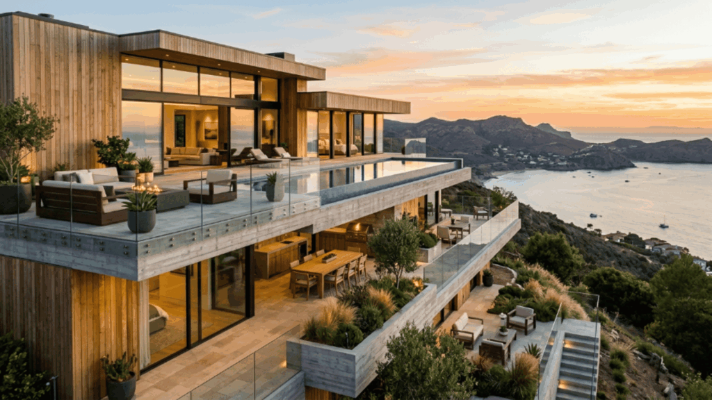 contemporary modern house exterior with multi-level terraces, glass railings, wood facade, and layered architecture