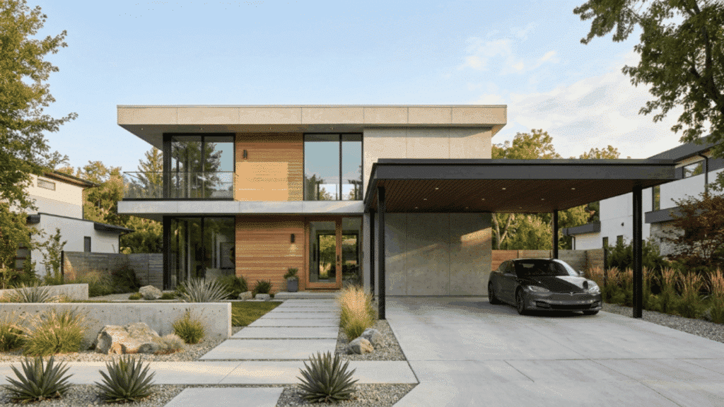 contemporary modern house exterior with open carport, flat roof design, and minimalist architecture