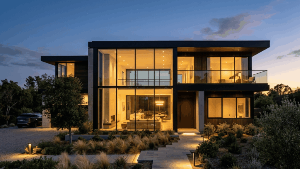 contemporary modern house exterior with two-story glass wall, large windows, and minimalist modern architecture