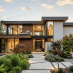 contemporary modern house exterior with wood and concrete facade, large glass windows, flat roof design, and minimalist landscaping