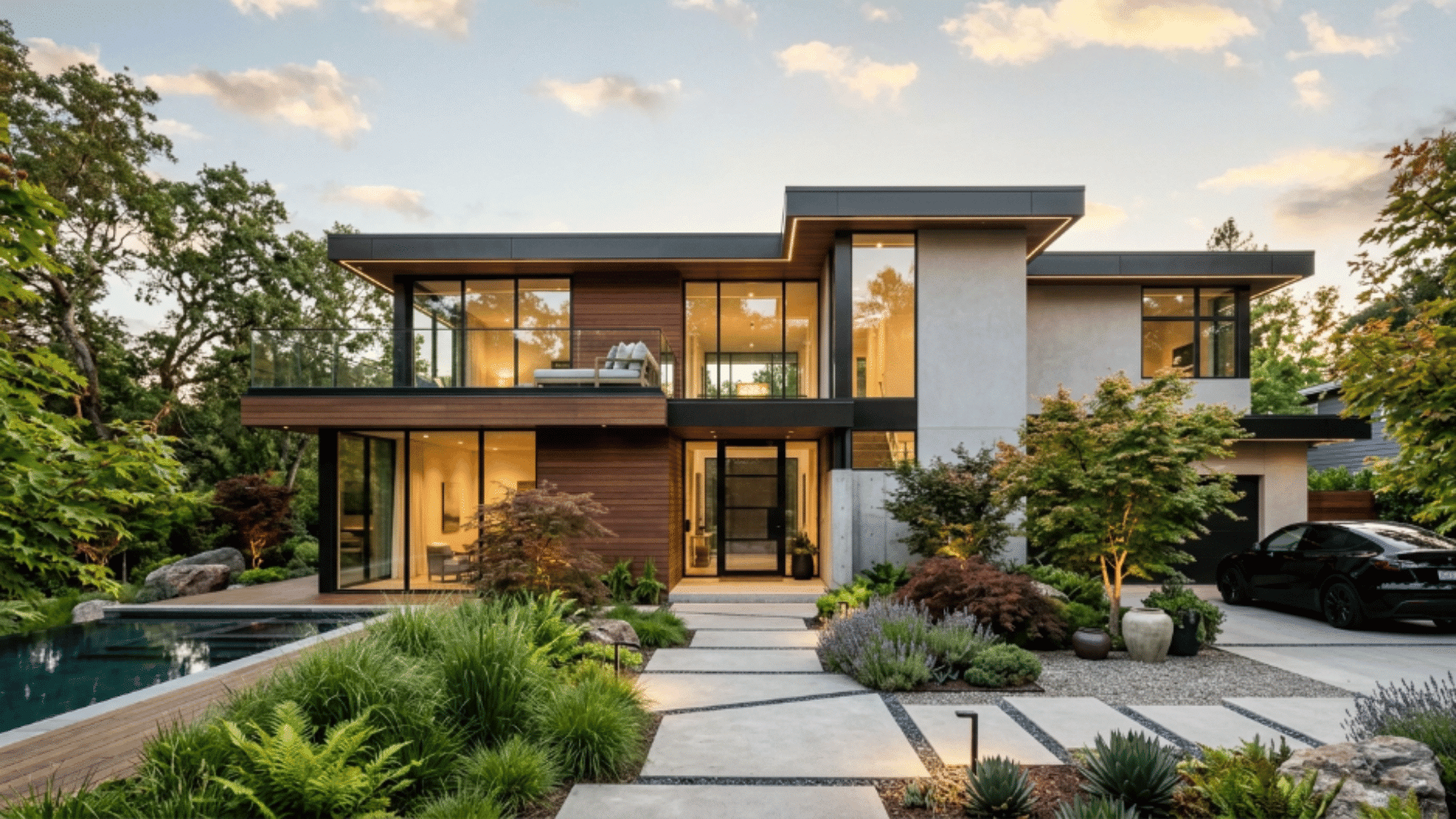 contemporary modern house exterior with wood and concrete facade, large glass windows, flat roof design, and minimalist landscaping