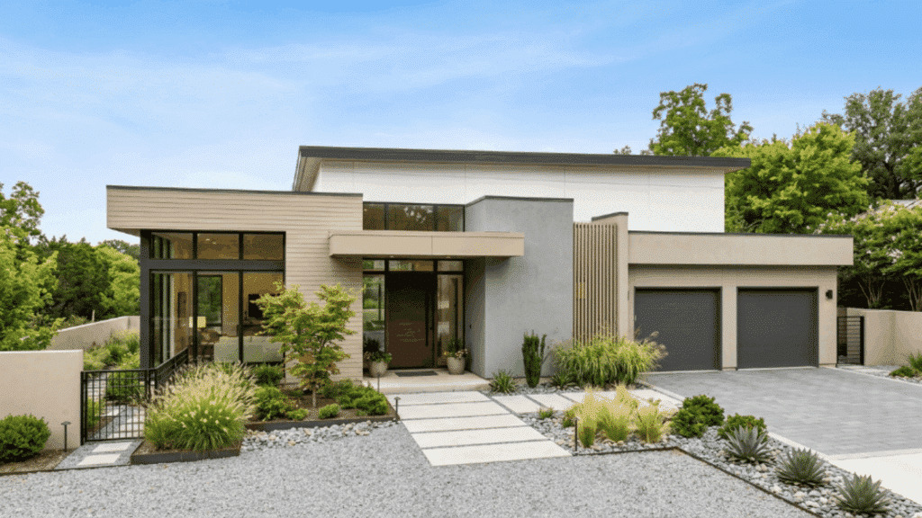contemporary modern house with neutral color palette using gray, beige, and white for a clean balanced exterior design