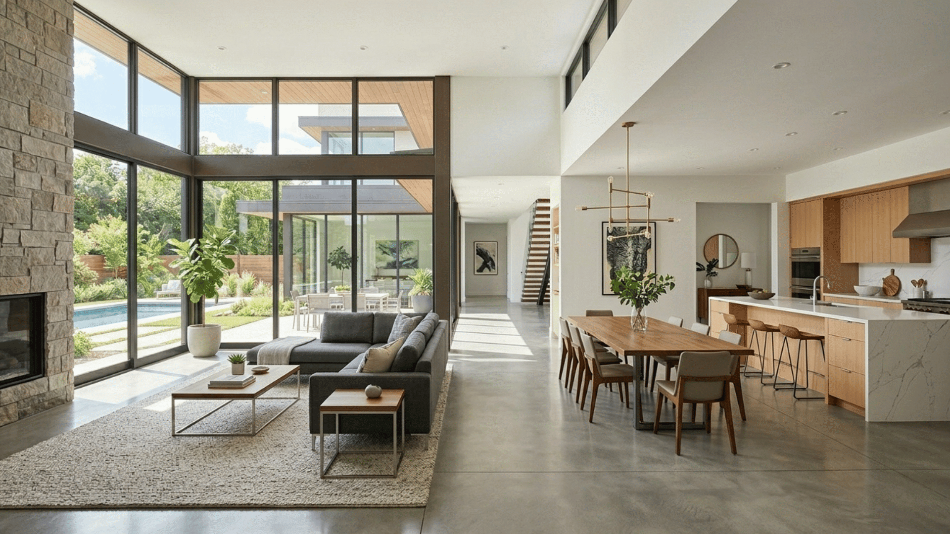 contemporary open-plan living room with large windows and indoor-outdoor view.