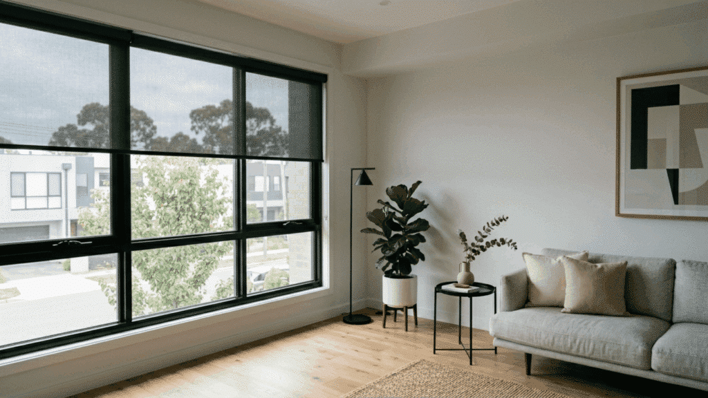 contemporary room with roller blinds on large windows, natural light, simple decor, and a neat modern interior