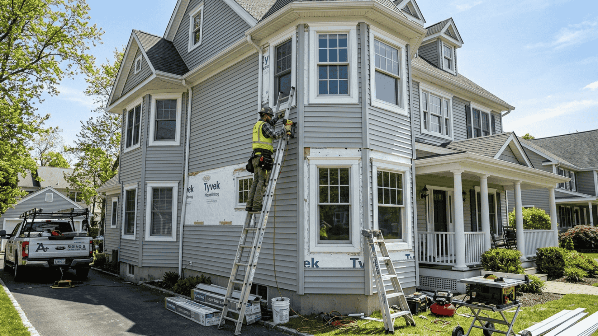 contractor installing vinyl siding on a ladder on a multi-story home with complex corners and multiple windows