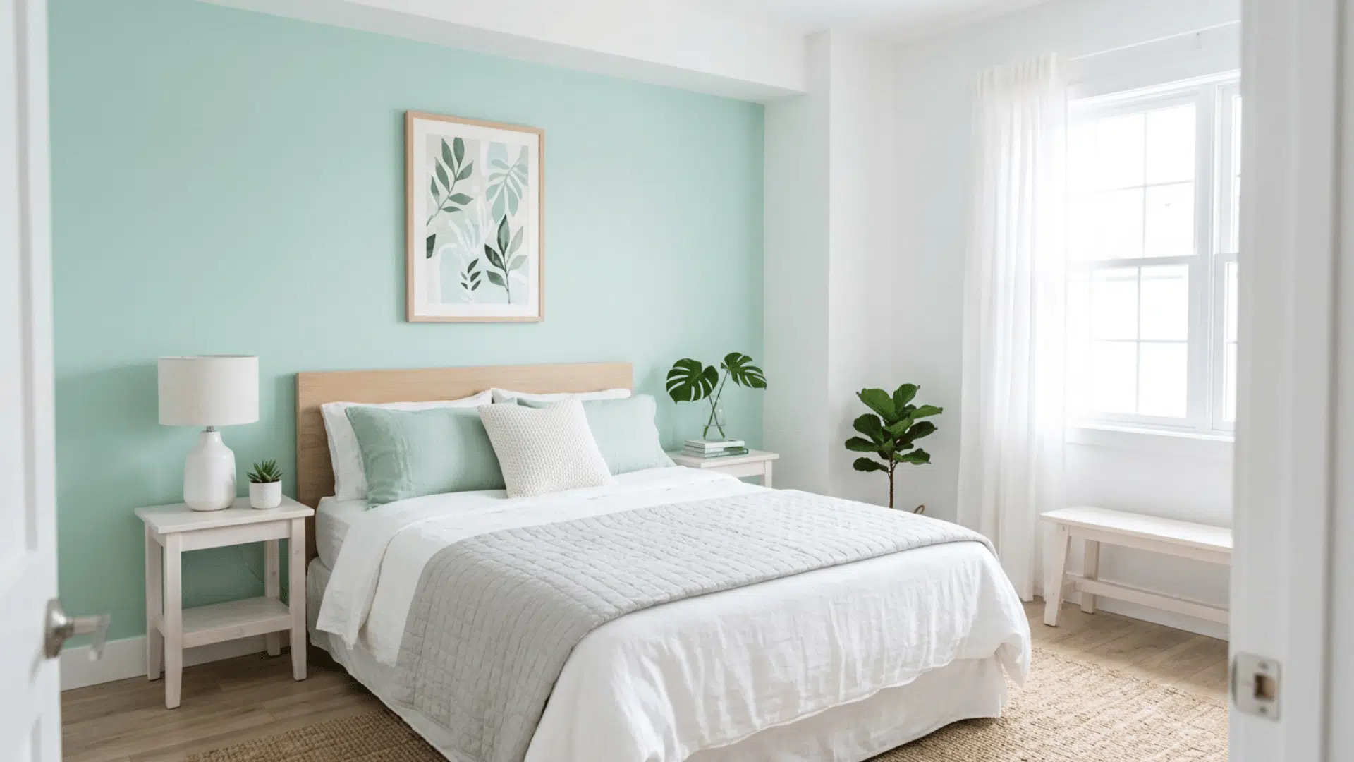 cool mint bedroom with clean decor, natural light, and fresh open design.