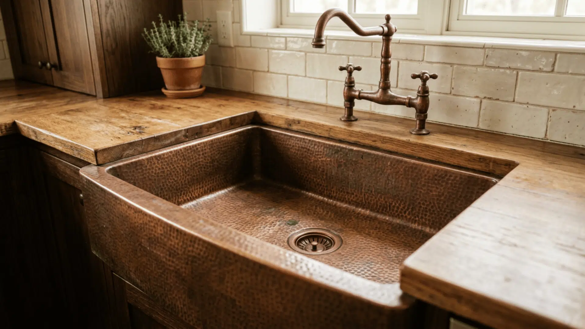 copper sink with natural patina finish and clean empty basin on rustic kitchen countertop surface